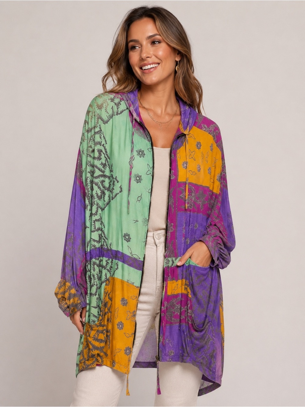 Vintage 90s Passports Pier 1 Patchwork Print Gauze ETHNIC Hoodie Jacket Size S